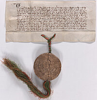 Alte handgeschriebene Brandschutzverordnung mit großem, rundem Siegel, das an einem geflochtener rot-grünen Kordel hängt