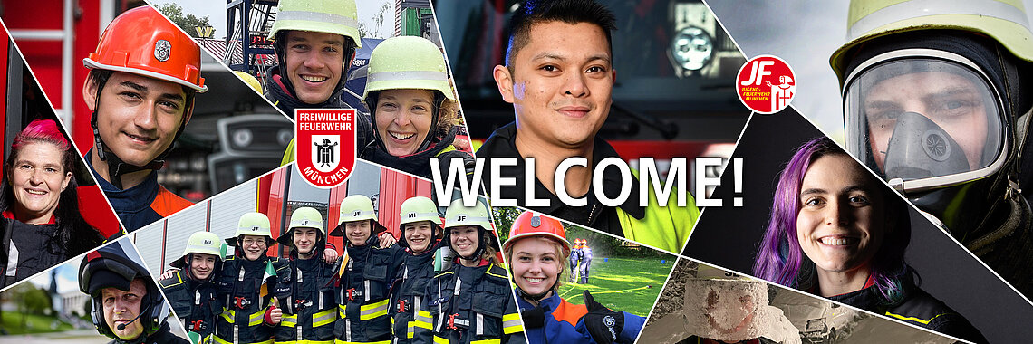 Collage of firefighters in protective clothing and helmets, including young people and adults, with the lettering WELCOME!