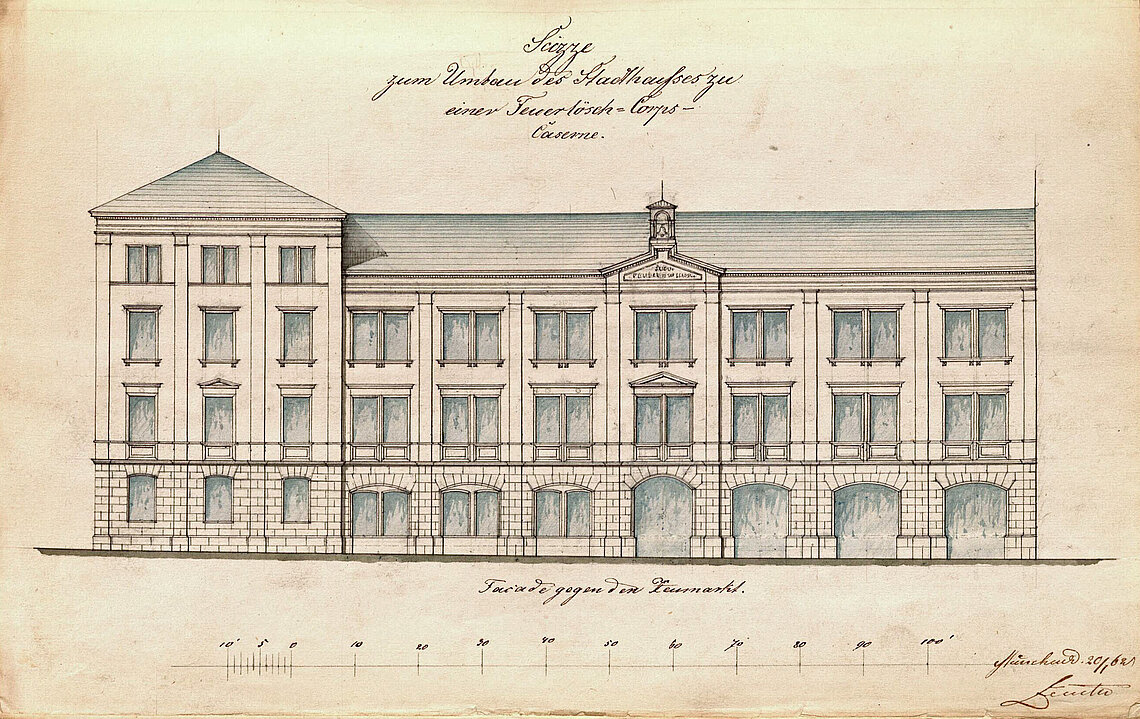 Architektonische Zeichnung eines mehrstöckigen Gebäudes, Beschriftung: Skizze zum Umbau des Stadthauses zu einer Feuerlösch-Corps-Caserne