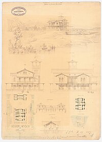Architektonische Zeichnungen der Villa Knorr mit Grundrissen und Ansichten