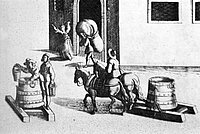 Historische Zeichnung zeigt Menschen, die Wasser aus Fässern schöpfen, eine Person trägt einen großen Sack, eine weitere reitet auf einem Pferd mit angehängten Fässern auf Kufen