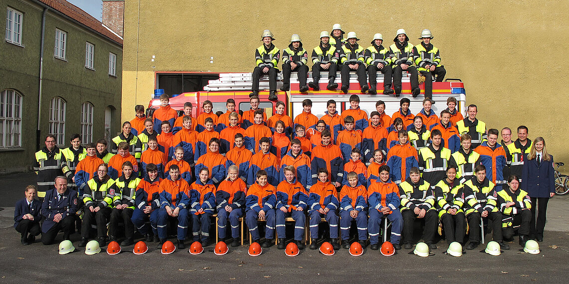 Gruppenfoto der Jugendfeuerwehr München mit Jugendlichen in orange-blauen Uniformen und Ausbildern in schwarzer Schutzkleidung vor und auf einem Feuerwehrfahrzeug